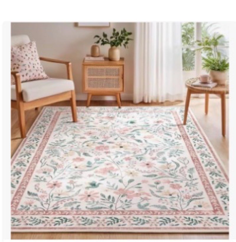 Aldopein Pink Floral Nursery Rug, Ultra Thin Vintage Oriental Indoor 5x7 Area Rug Washable Easy to C