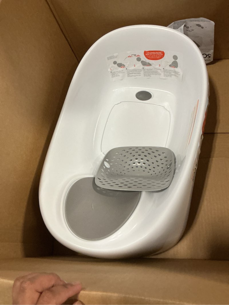 Condition photo showing As Is for boon soak 3 stage baby bathtub - baby bath tub with three support positions for newborn to toddlers - color changing drain plug for ideal bath temperature - gray - ages 0 to 18 months and up white 1 count (pack of 1)