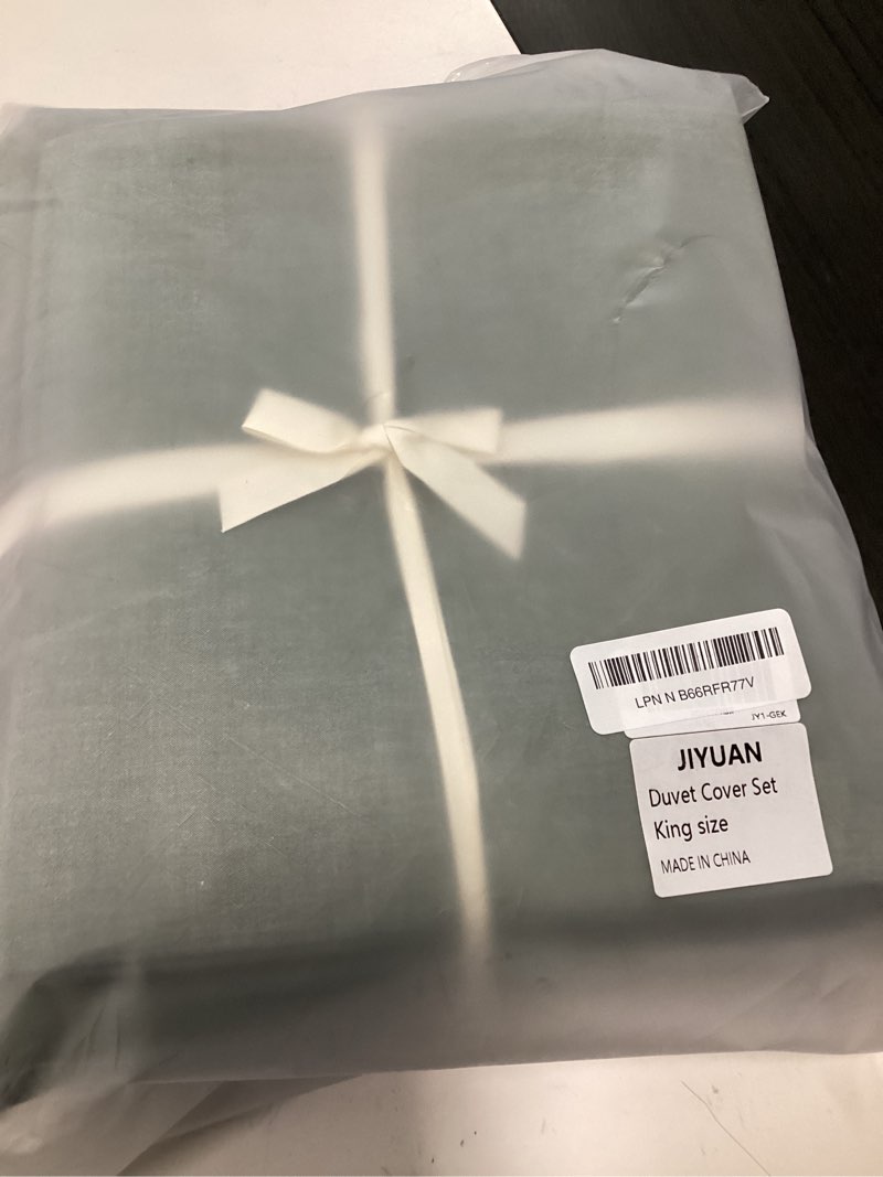 Condition photo showing Good Condition for jiyuan king size duvet cover set, 3-piece - 100% washed cotton, linen-like soft & breathable with zipper closure, includes 104x90 inch cover & 2 pillowcases, heathered green heathered green (no comforter) king(104"x90")