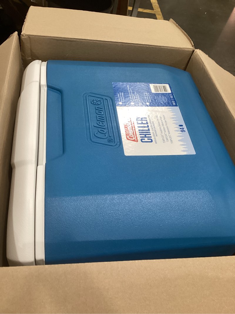 Condition photo showing As Is for coleman chiller 9/16/30/48/60qt cooler with ice retention, leak resistant, great for camping, concerts, sports, and more ocean blue 60qt