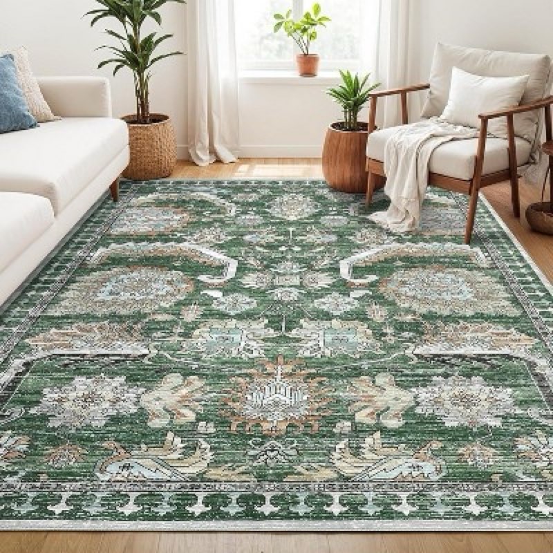 Qeetex Vintage Washable Area Rug, Ultra-Thin Soft Large Indoor Rug For Bedroom Living Room