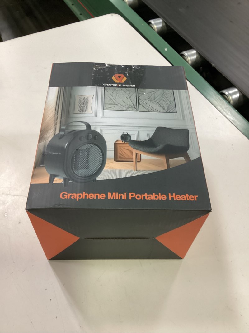 Condition photo showing New/Like New for graphene far?infrared mini space heater, 4 modes 650/750/1000w + 3.5w fan only, one?button control, portable handle, overheat protection, compact personal desk & bedside heater, 120v