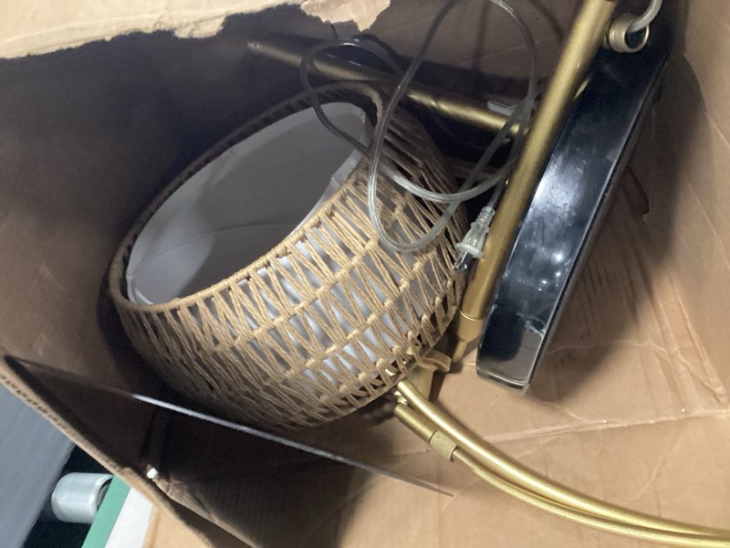 Condition photo showing As Is for Gold Floor Lamps for Living Room, Arc Floor Lamp with Remote & Dimmable Bulb, Boho Rattan Standing lamp with 3 Color Temperatures, Height Adjustable Tall Lamp for Bedroom, Over Couch Reading Lamp Bohemian-Gold