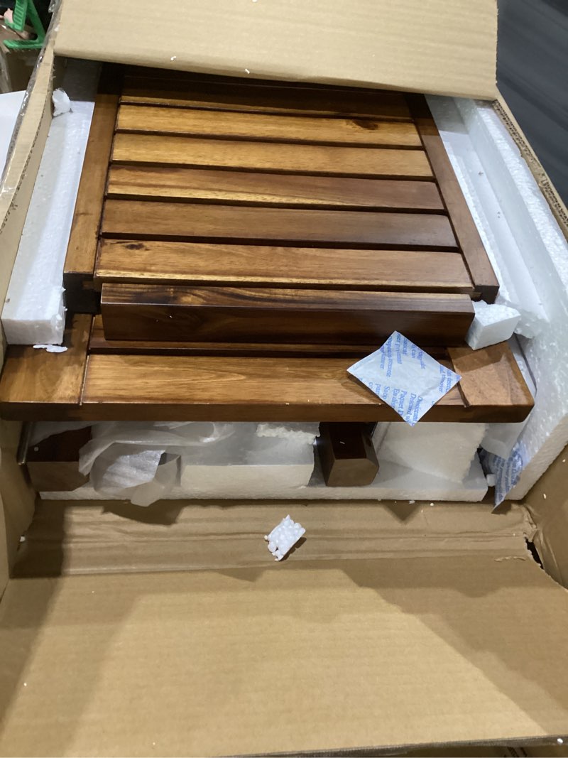 Condition photo showing As Is for teak shower bench, 20" solid wood shower stool waterproof shower seat with storage shelf for bathroom, indoor & outdoor use rectangular