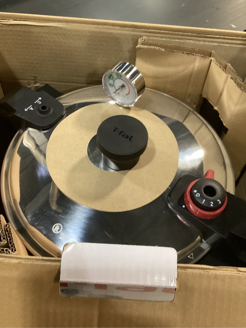 Condition photo showing Good Condition for T-fal 22-Quart Aluminum Pressure Canner, 3 PSI Settings, Home Canning, Includes Racks & Canning Guide, Large Capacity, Pressure & Water Bath Canning for Vegetables, Meats, Seafood & Fruits, Silver Pressure Canner 22 Quarts