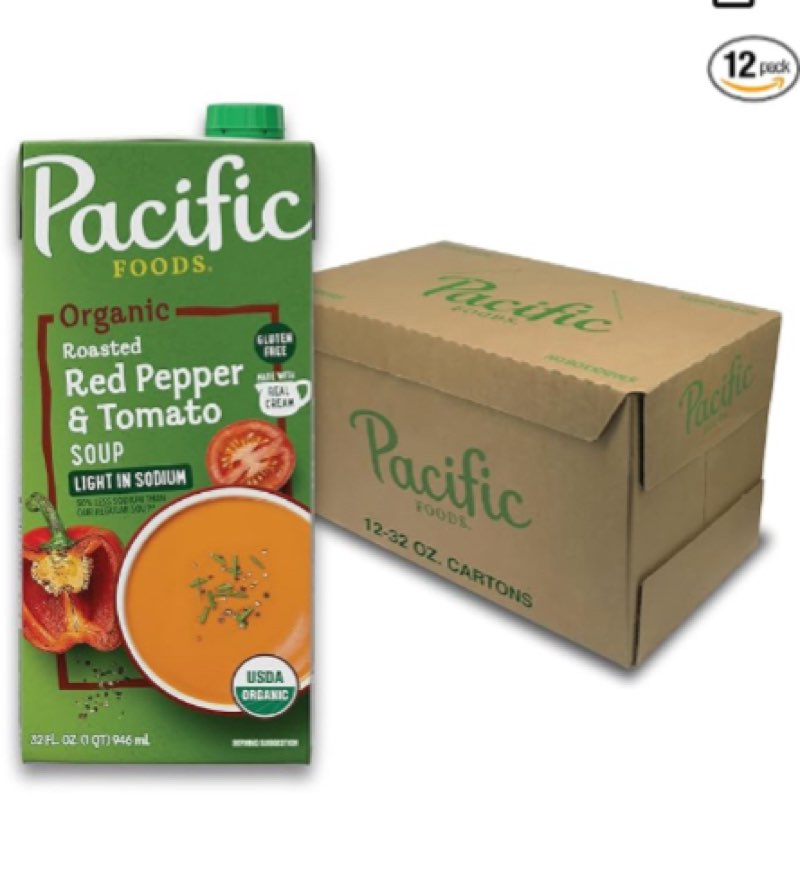 Best by 20/sep/2025)Pacific Foods Organic Light in Sodium Roasted Red Pepper and Tomato Soup, 32 oz Carton (Pack of 12)