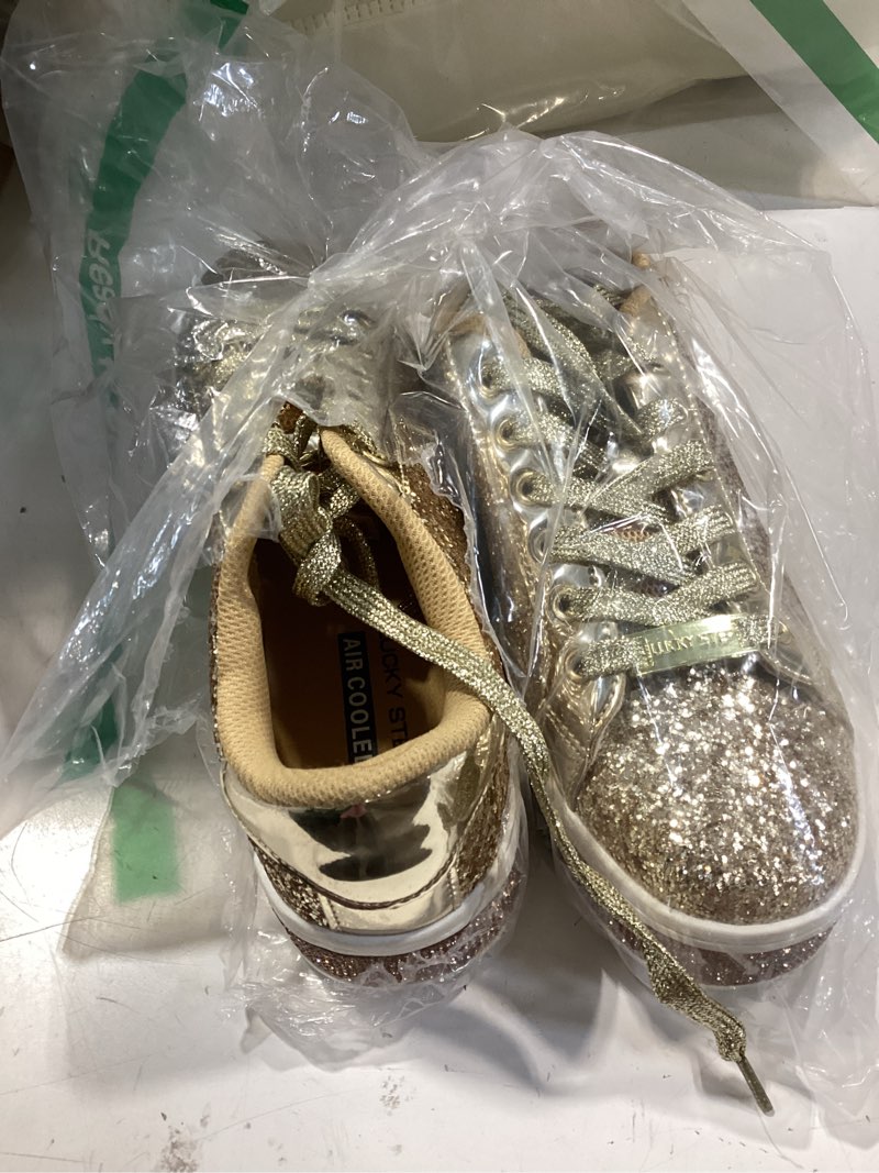 Condition photo showing As Is for lucky step women's platform sparkly glitter sneakers | bling shiny dressy bedazzled wedding bridal fashion walking shoes 8 gold