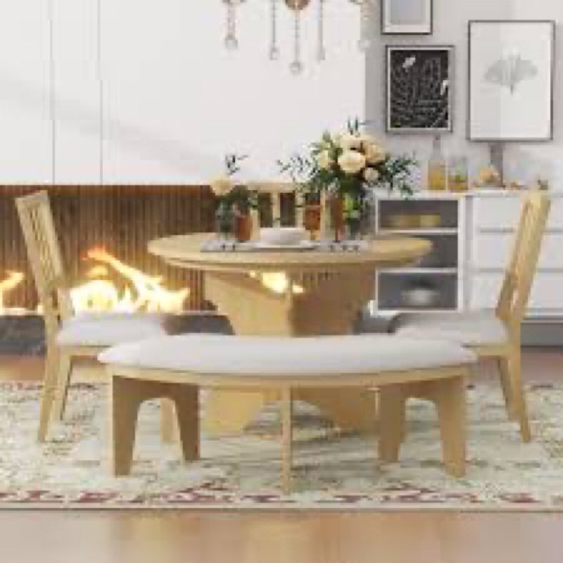 Modern Zanera 5-Piece Dining Table Set, 44\" Round Dining Table with Curved Bench & Side Chairs,kitchen table set,dining table set,dining room set(incomplete only 1 box) 