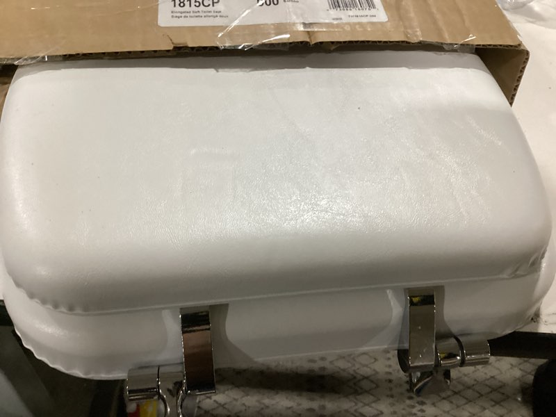 Condition photo showing Good Condition for Mayfair Padded Toilet Seat with Chrome Hinges, Soft Vinyl over Wood Core Seat, Made in USA, Elongated, White