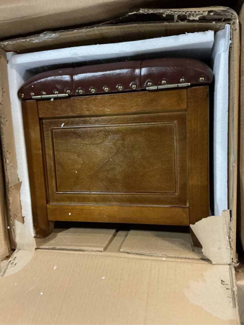Condition photo showing Good Condition for vintage microfiber leather ottoman with storage drawer, solid rubberwood ottoman bench with hidden storage compartment for living room, bedroom, entryway, hallway (brown)