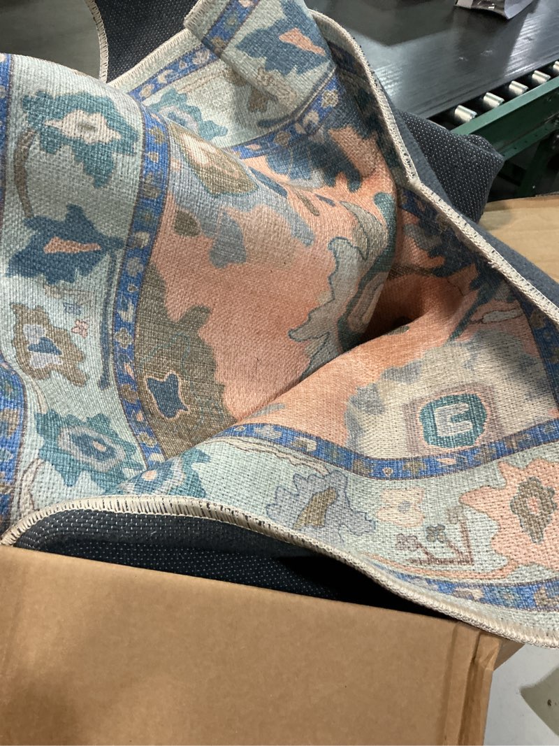 Condition photo showing Good Condition for fame living modern oushak runner rug, runners, vintage, turkish, eclectic, floral, pastel, washable, runner for hallway, kitchen, bedroom, bathroom, 2'5"x9'8" orange blue 2'6" x 9'10" (rectangular)