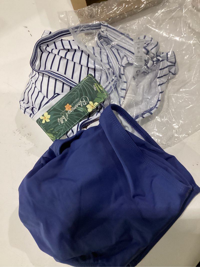 Condition photo showing Good Condition for blooming jelly women's high waisted bikini sets matel tummy control swimsuits v neck twist front bathing suit medium stripe blue