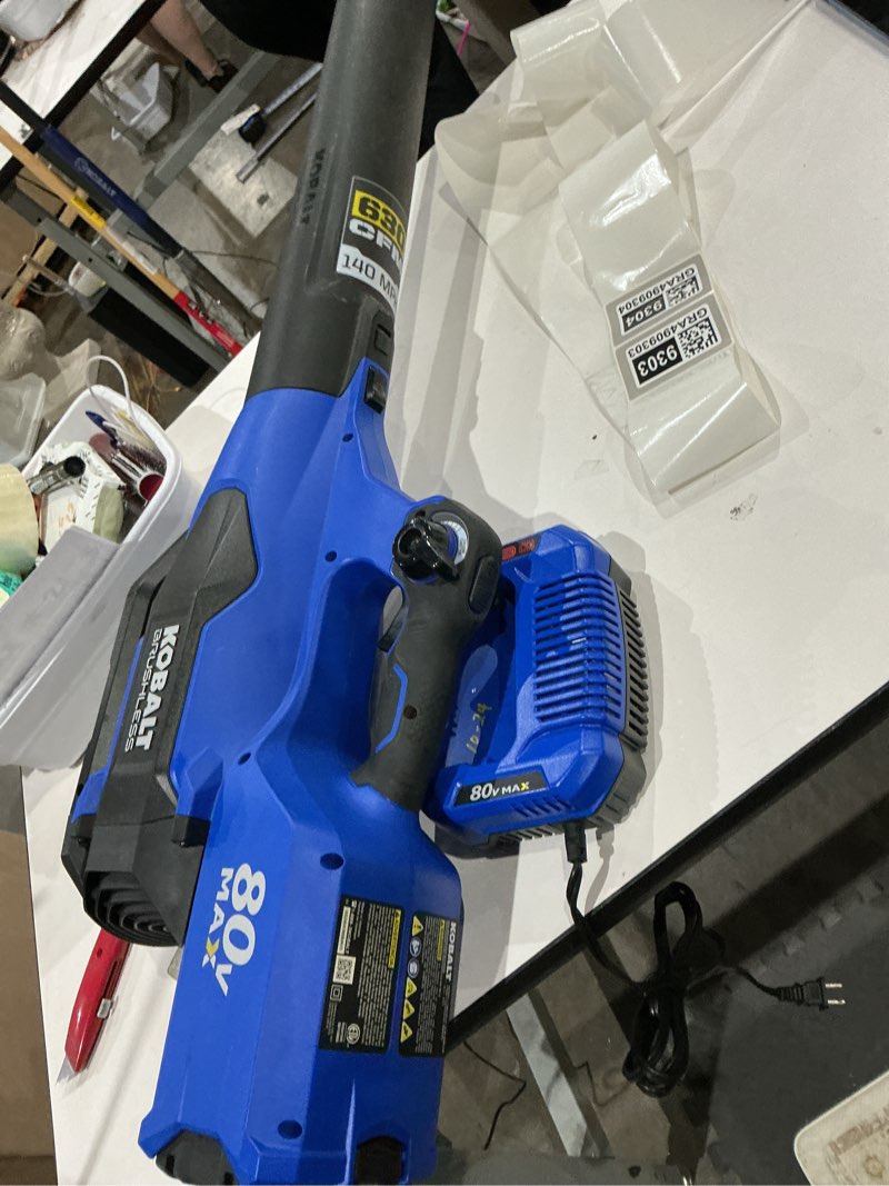 Condition photo showing As Is for kobalt 80-volt 630-cfm 140-mph battery handheld leaf blower