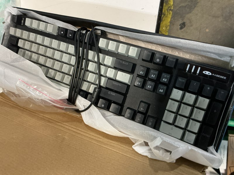Condition photo showing Good Condition for magegee mechanical gaming keyboard, new upgraded 104 keys blue backlit keyboards with blue switches, usb wired mechanical computer keyboard for laptop, desktop, pc gamers(black & gray) black & gray - blue switch