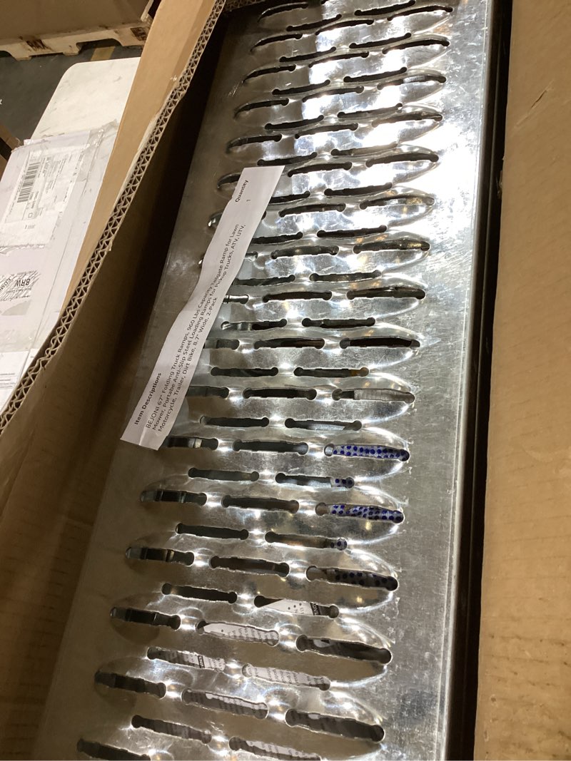 Condition photo showing As Is for BEJONI 67" Folding Truck Ramps, 960 Lbs Capacity Tailgate Ramp for Lawn Mower, Portabe Anti-Slip Steel Loading Ramps for Pickup Trucks, ATV, UTV, Motorcycle, Trailer, Dirt Bike, 8.7" Wide, 2-Pack 2 Pcs 67'' L-Usable Height: under 24''