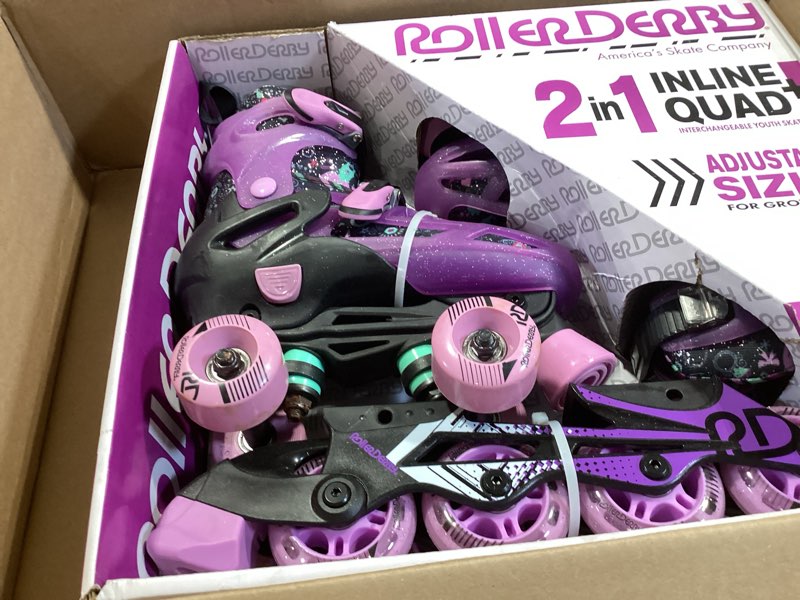 Condition photo showing As Is for roller derby falcon 2-in-1 combo quad and inline skates for kids, adjustable sizing purple/black medium (3-6)