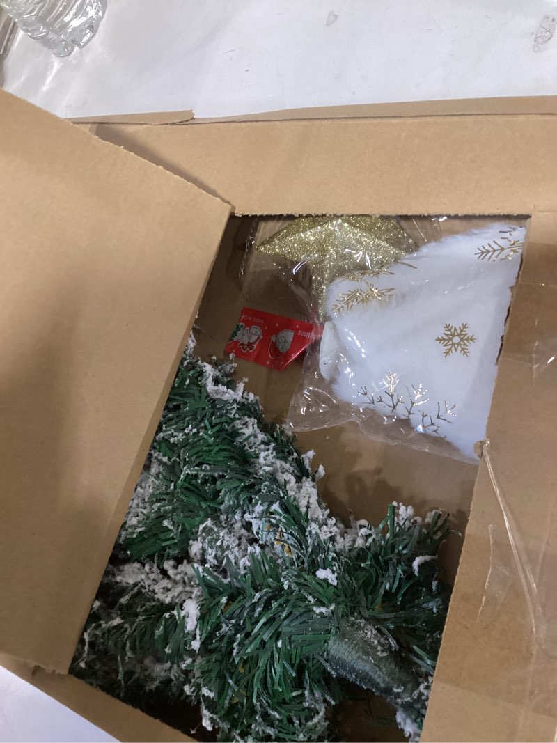 Condition photo showing As Is for 23.6'' Mini Christmas Tree with String Light Small Tabletop Artificial Christmas Tree with Treetop Star Ornament Balls Tree Skirt Tinsel Wreath for Christmas Mantel DIY Decorations(Gold) Gold 23.6 Inch