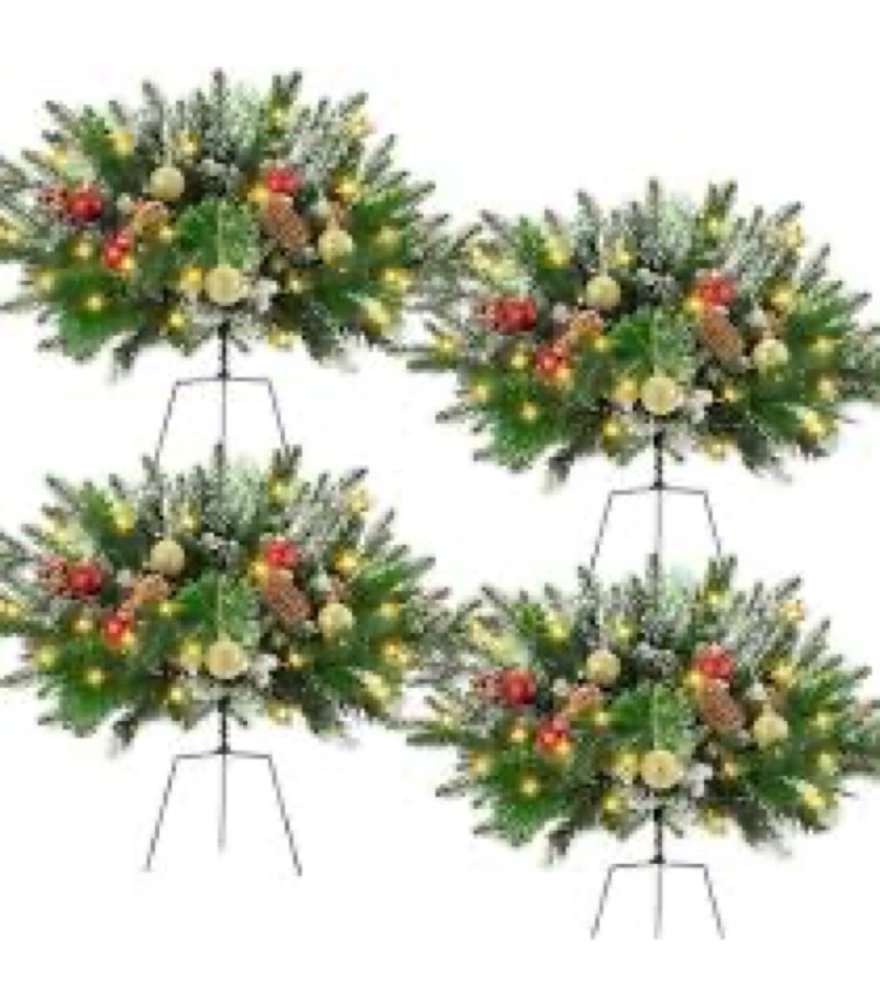 Hollowfly 4 Pack Outdoor Christmas Tree Urn Filler 25 Inch Pre Lit Artificial Xmas Tree with Cones a