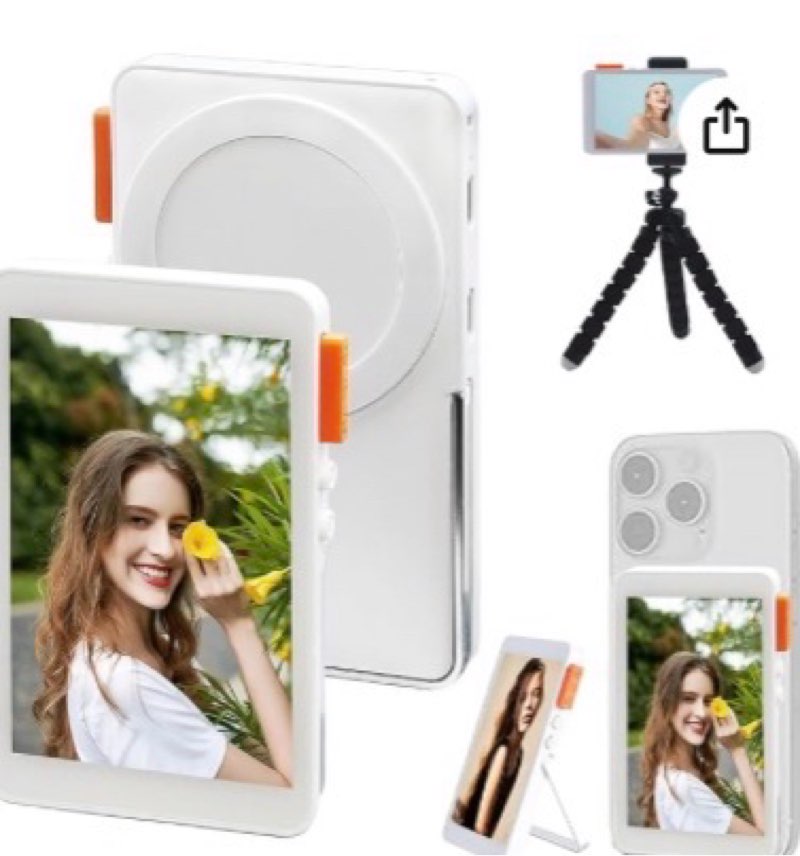 Magnetic Phone Selfie Monitor Screen, 1080P Wireless Back Camera Selfie Monitor with Focus Adjustment, Audio Sync, Photo Button and Aluminum Stand for Vlog Live Stream TikTok (White)