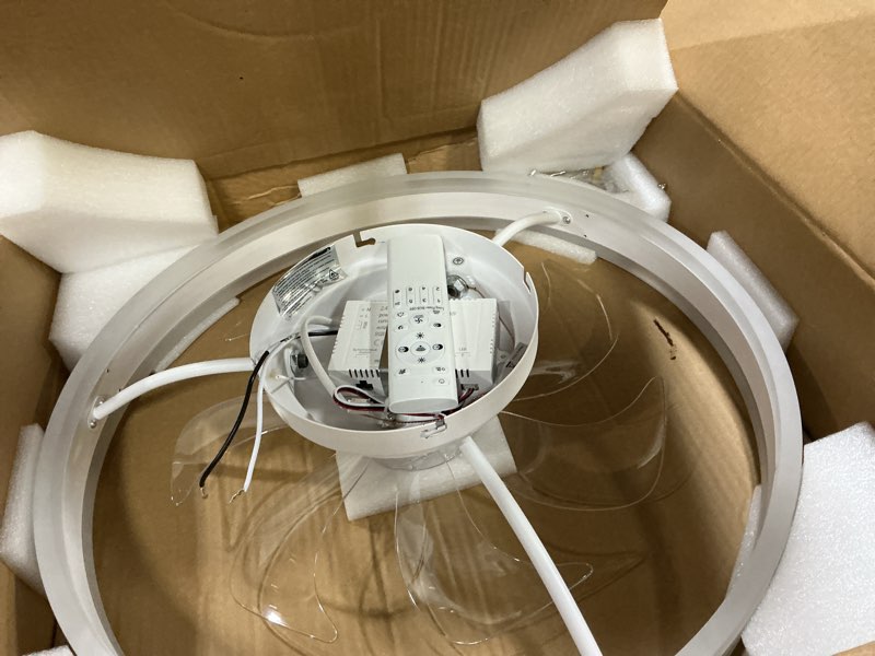 Condition photo showing Good Condition for 19.7" ceiling fans with lights, smart rgb color changing low profile ceiling fan, modern flush mount fandelier with remote and app, 6 speeds, quiet dc motor, for living room, bedroom, indoor rgb white