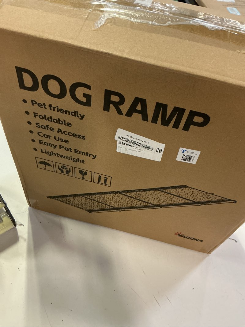 Condition photo showing Good Condition for dog ramp for car 63" x 17", folding pet ramp for large dogs with non-slip rug surface, portable dog car ramp for suv car & truck 63" l x 17.3" w
