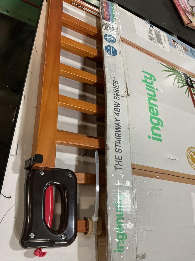 Condition photo showing Good Condition for Ingenuity Wood Banister & Stair Safety Pet and Baby Gate, 32"-48" Wide, 33" Tall, Install Banister to Banister or Wall, or Wall to Wall in Doorway or Stairway, Banister and Hardware Mounts - Cherry Oak