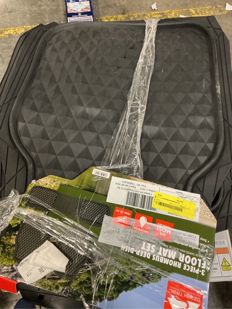Condition photo showing Good Condition for ozark trail 3-piece black deep dish rubber car floor mats, anti-slip 3d rhombus waterproof, all weather universal trim-to fit for car, suv and truck mats