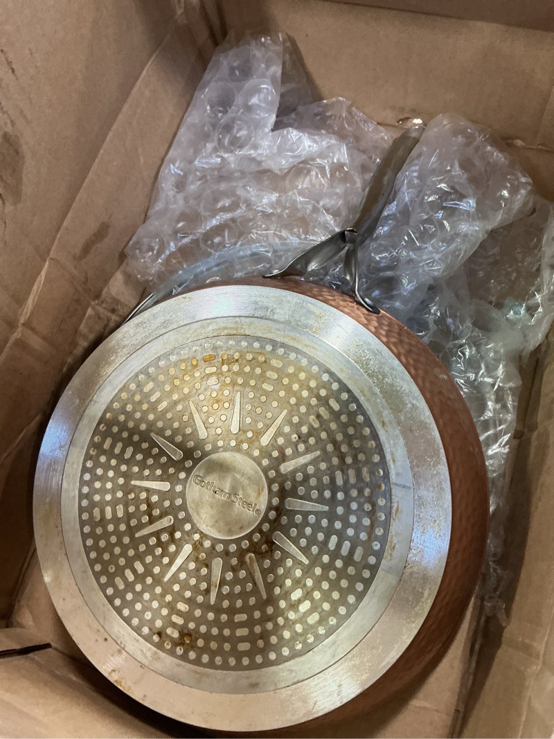 Condition photo showing As Is for GOTHAM STEEL Hammered Copper 12 Inch Non Stick Frying Pans with Lid, Frying Pans Nonstick with Lid, Non Toxic Ceramic Pan for Cooking, Nonstick Frying Pan, Induction Pan, Oven and Dishwasher Safe 12" Frying Pan w/Lid