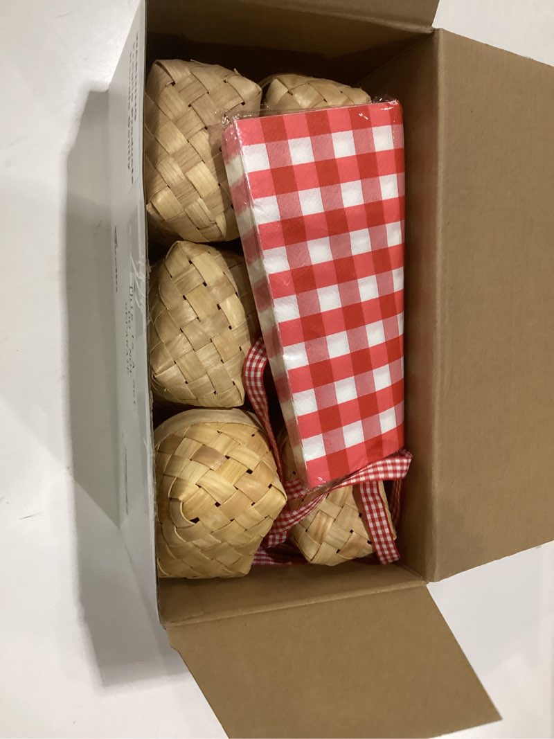 Condition photo showing Good Condition for geelin 12 pcs summer mini woven picnic basket party favor red white gingham paper napkins wood chip mini flower fruit picnic basket chip for summer wedding party baby shower decoration (medium) medium 12