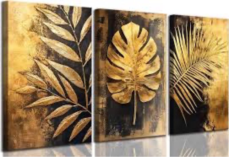 3 Pcs Gold Tropical Leaves Canvas Wall Art Luxurious and Elegant Jungle Gold Monstera Botanical Pain