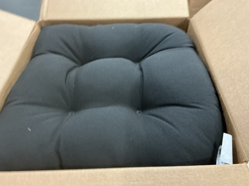 Condition photo showing Good Condition for Pillow Perfect Fresco Solid Indoor/Outdoor Wicker Patio Seat Cushion Reversible, Weather and Fade Resistant, Round Corner - 19" x 19", Black, 2 Count Black Round Corner - 19" x 19" Bordered