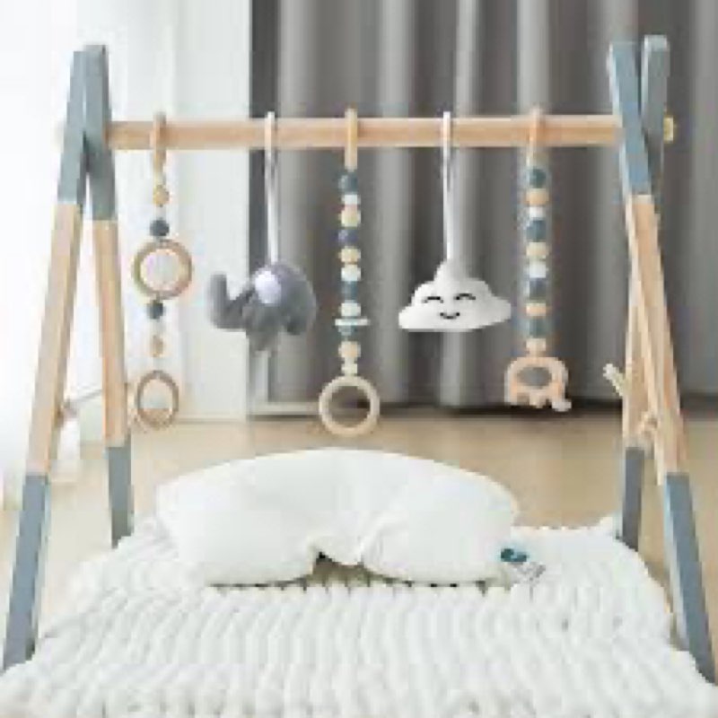 wooden baby play gym foldable gym frame activity gym hanging bar with 5 toys natural for newborn bab