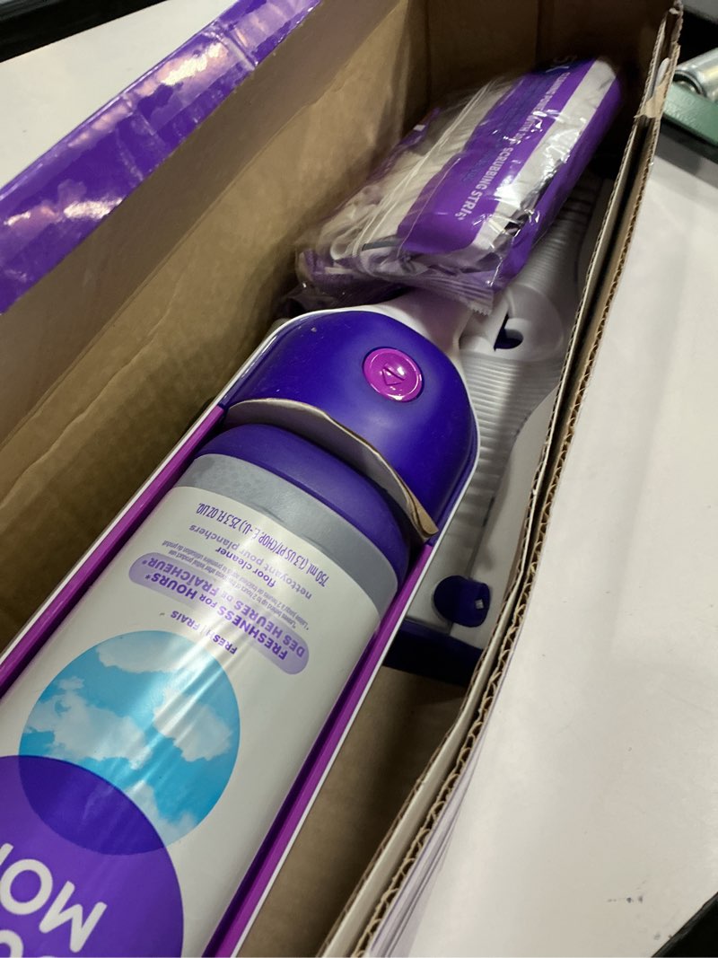 Condition photo showing Good Condition for Swiffer PowerMop Multi-Surface Mop Kit for Floor Cleaning, Includes PowerMop, 2 Mopping Pad Refills, 1 Cleaning Solution with Fresh Scent and 2 Batteries Purple and White