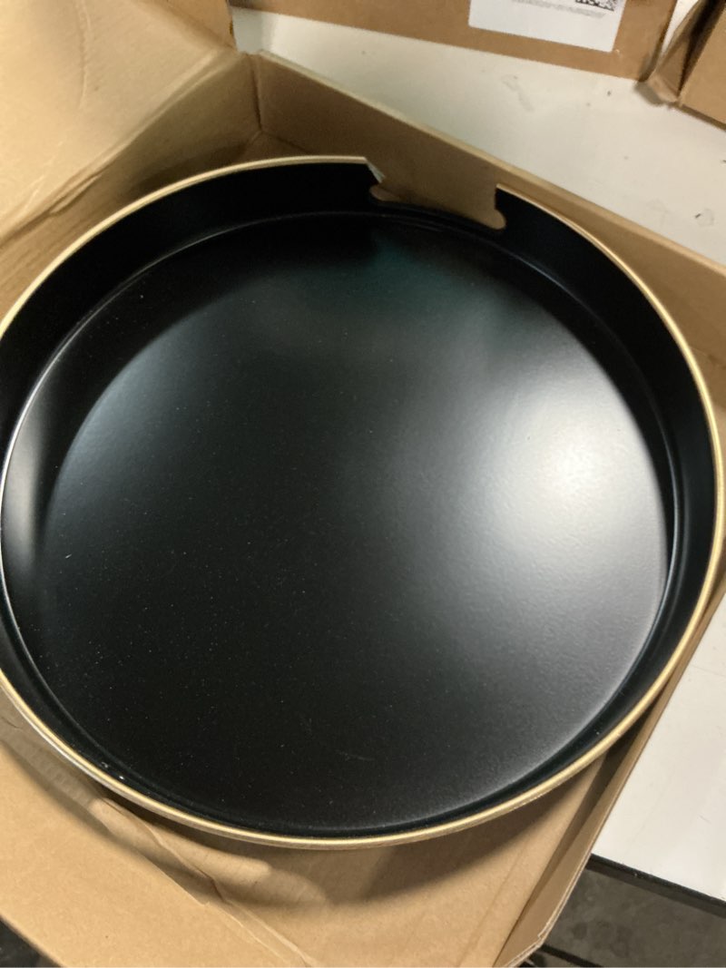 Condition photo showing As Is for black round decorative tray with handles, 13" versatile serving tray for coffee table, ottoman, ideal for serving, displaying, organizing 13" r black