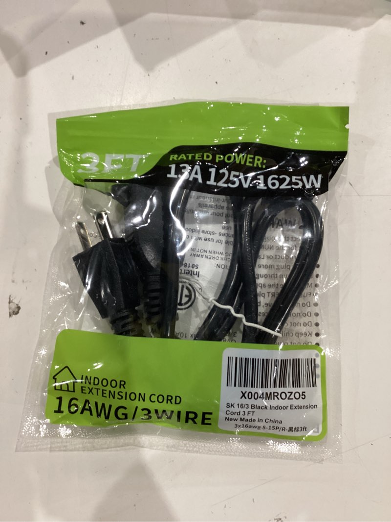 Condition photo showing Good Condition for 16/3 3ft 13a 125v 1625w, black indoor extension cord, short extension cord for laptops, coffee makers, office home appliances, 3 prong small resistant cable flexible, etl listed 3ft 16awg extension cord black