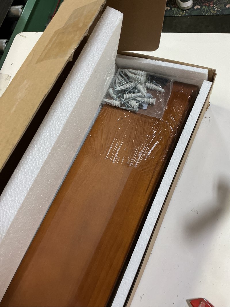 Condition photo showing New/Like New for Fun Memories Wood Floating Shelves Set of 2, Rustic Pine Wood Floating Shelves for Wall Mounting, Wide Wall Shelf for Home Decor and Storage, 24" W x 7" D, Honey Oak Honey Oak - Warm Amber Tone 24"W x 7"D, 2-Pack