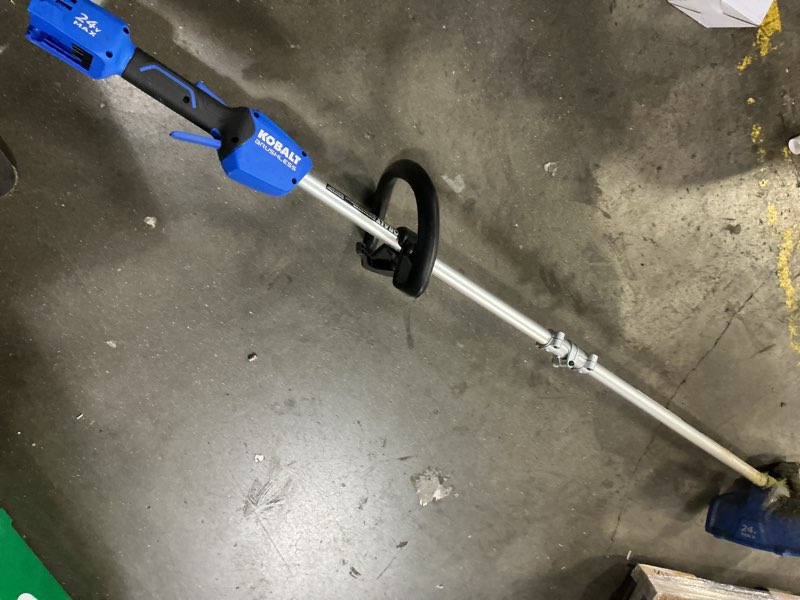 Condition photo showing As Is for kobalt 24-volt 12-in straight shaft battery string trimmer