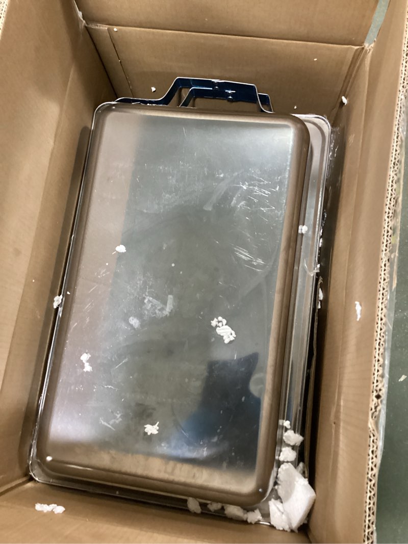 Condition photo showing As Is for sifer Chafing Dishes for Buffet 9Qt 4 Pack [Multi-Size Food Pans] | Chafing Dishes with 80% Faster [Screwless Installation] and Stacking Design [Easy Storage] for Fathers Day Party/Wedding, Silver 4 Silver