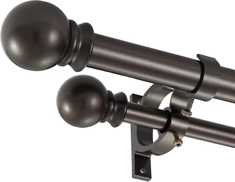 dark bronze double curtain rods 36-72 inch,1’’front and 5/8’’back double drapery rod with small round ball and aluminum brackets, adjustable dual window rod for sheer/blackout curtains