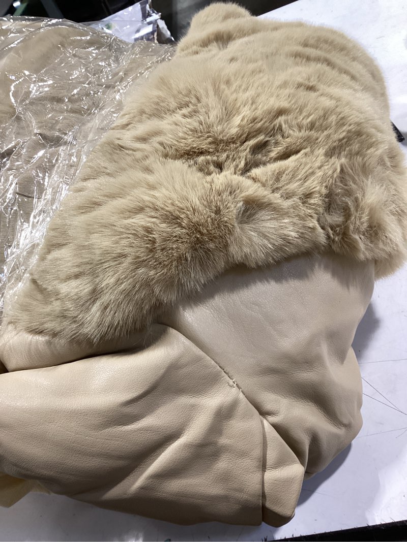 Condition photo showing Good Condition for RISISSIDA Luxurious Fur Lined Faux Leather Jacket Women Winter Coat Hood Long Fur Collar Cuffs Zippe