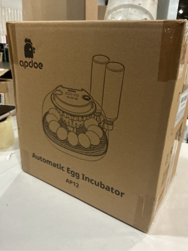 Condition photo showing New/Like New for egg incubator with temperature and humidity control, automatic egg turning, egg candler, external water bottle, adjustable air vent, 360° clear view, for chicken, duck & quail eggs, apdoe hatchpro 12 12 eggs