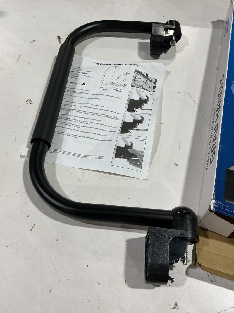 Condition photo showing As Is for Camco Fold-Away RV Grab Handle - Provides Secure Hold for Entering & Exiting - Measures 18-in, for Smaller RVs & Trailers - Easily Installs Beside RV Door, Hardware Included - Black (42197)