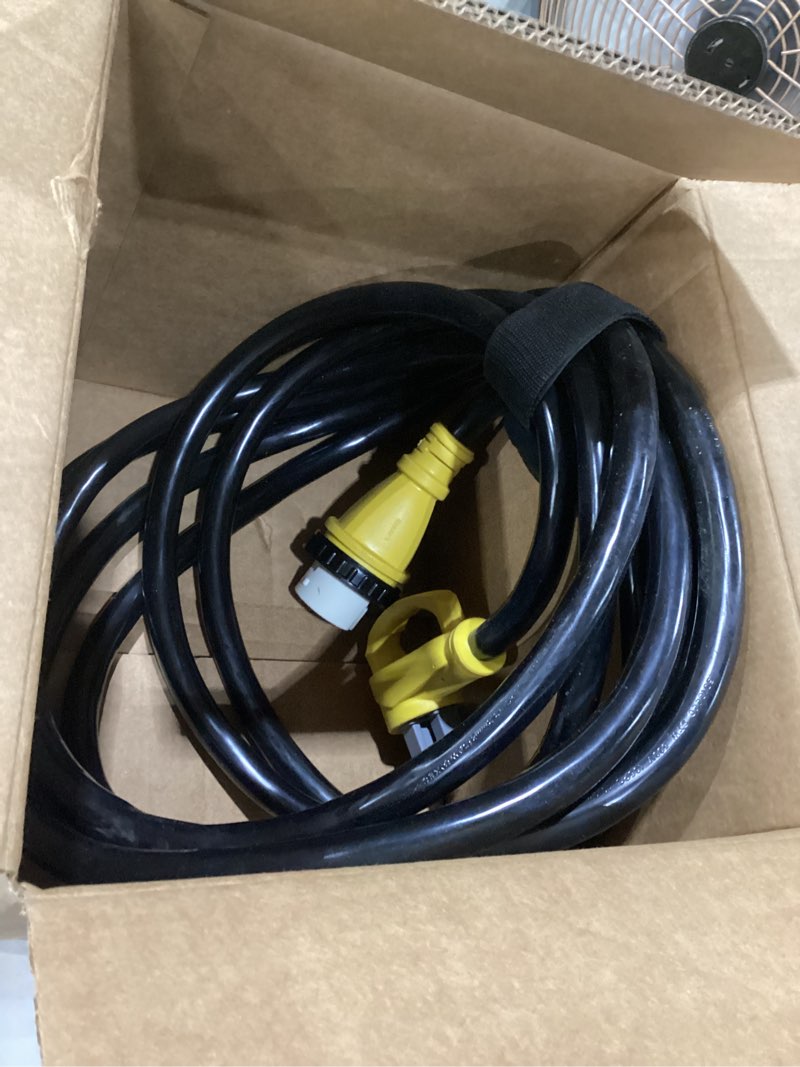 Condition photo showing As Is for 25ft 50 amp generator cord, nema 14-50p/ss2-50r heavy-duty 4 conductors cable, pure copper stw rv extension cord, female plug with twist lock, suitable for rv or camper, etl listed