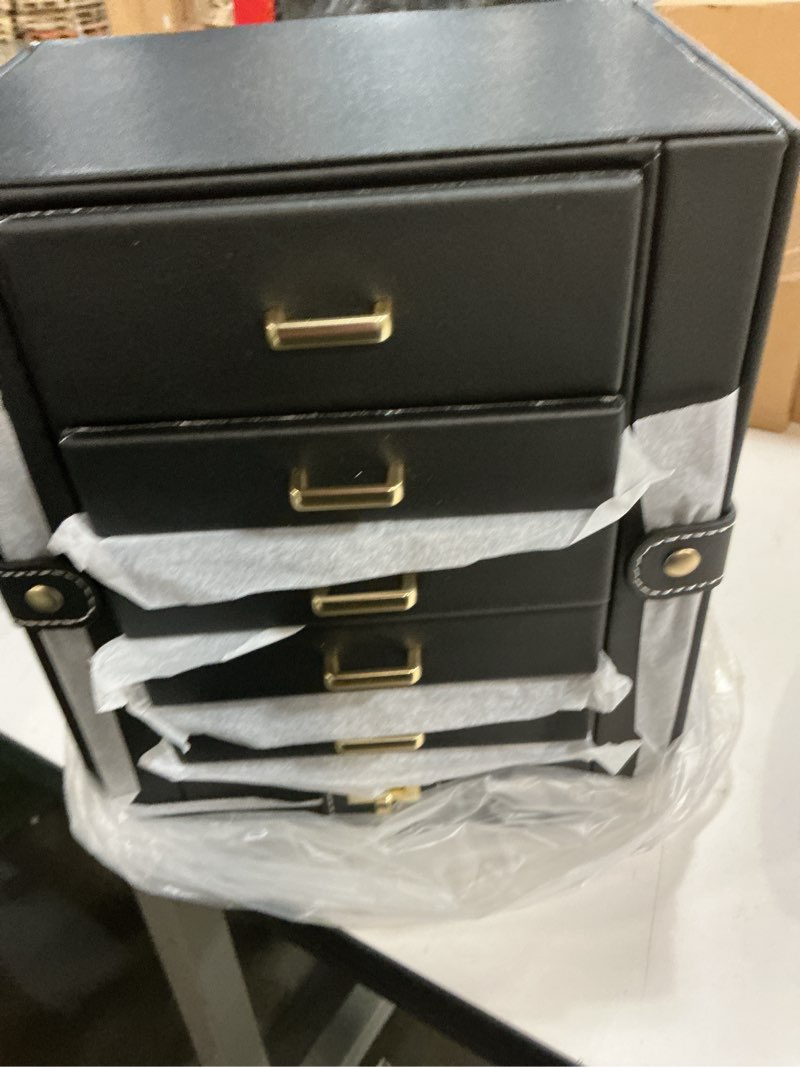 Condition photo showing New/Like New for AKOZLIN Jewelry Box Organizer Functional Leather Jewelry Storage Case for Women Girls Ring Necklace Earring Bracelet Holder Organizer with Mirror Black Black Regular