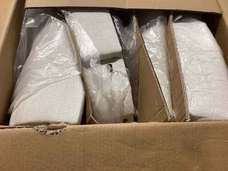 Condition photo showing As Is for COLAMY Upholstered Dining Chairs Set of 4, Mid Century Modern Kitchen Chairs with Back, Farmhouse Fabric Side Dining Room Chairs with Wood Legs for Dining Room Restaurant, Beige Upholstered Dining Chairs Beige Set of 4 Incomplete 