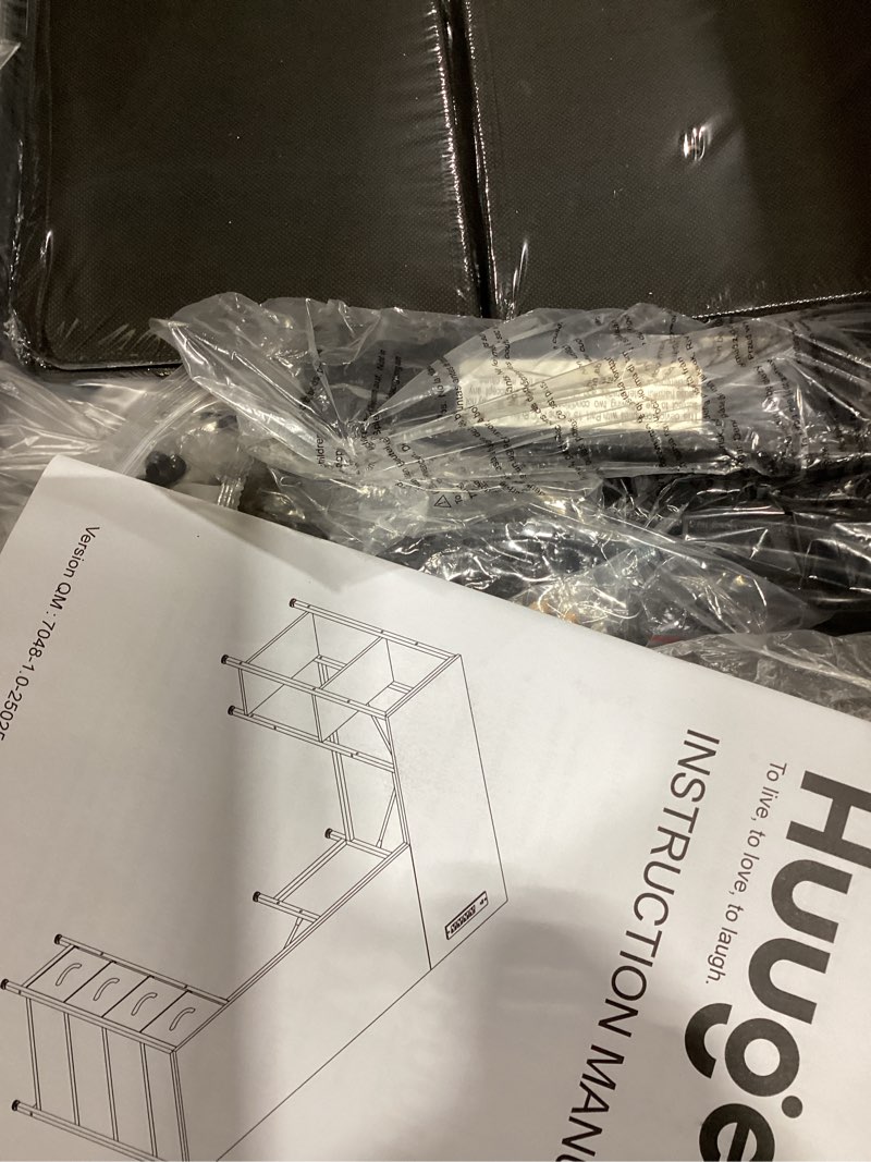 Condition photo showing As Is for Huuger 55 Inch L Shaped Desk with Fabric Drawers, Reversible Computer Gaming Desk with Power Outlets and USB-C Port, Adjustable Side Storage Shelves, for Work Study Corner Home Office, Black 55 inch Black