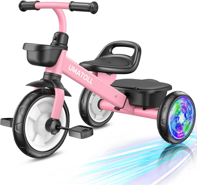 umatoll tricycle for toddlers 2-5 year old, birthday gift for girl age 2-4 | adjustable toddler bike outdoor toys, trike with light up wheels