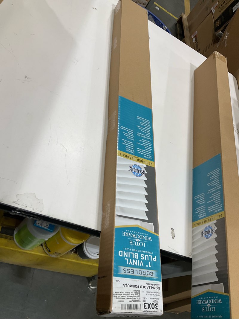 Condition photo showing New/Like New for LOTUS & WINDOWARE Cordless 1" Premium Vinyl Mini Blind, 30" Wide x 36" Long, White, Smooth, Room Darkening, Horizontal Blinds for Living Room, Bedroom, Interior Door Windows 30"W x 36"H White