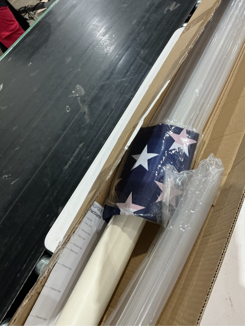 Condition photo showing As Is for 14 gauge 20ft telescoping flag pole kit, heavy duty in ground telescopic flag poles with 3x5 american flag, outdoor old glory flagpole kits for outside, yard, residential or commercial 20 ft silver