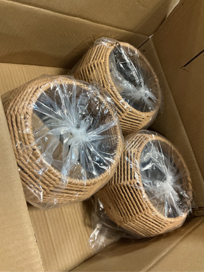 Condition photo showing Good Condition for 3 Pack Wicker Pendant Light Natural Woven Pendant Light Boho Chandelier Light Fixture Dome Rustic Farmhouse Pendant Lights Rattan Light Fixture for Dining Room Kitchen Island (Bulb Incl.)